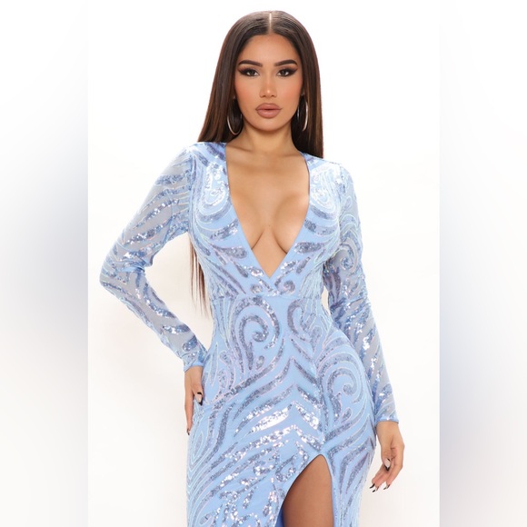 Fashion Nova You're Golden Sequin Maxi Dress - Blue S NWT Statement Piece Shiny - Picture 2 of 7